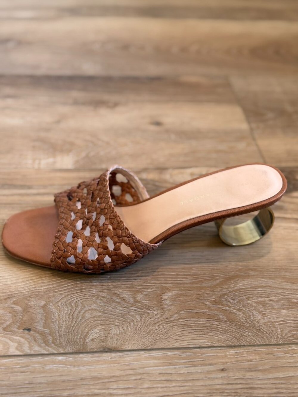Loeffler Randall Woven Brette Mules with Round Gold Heels Sz 9.5